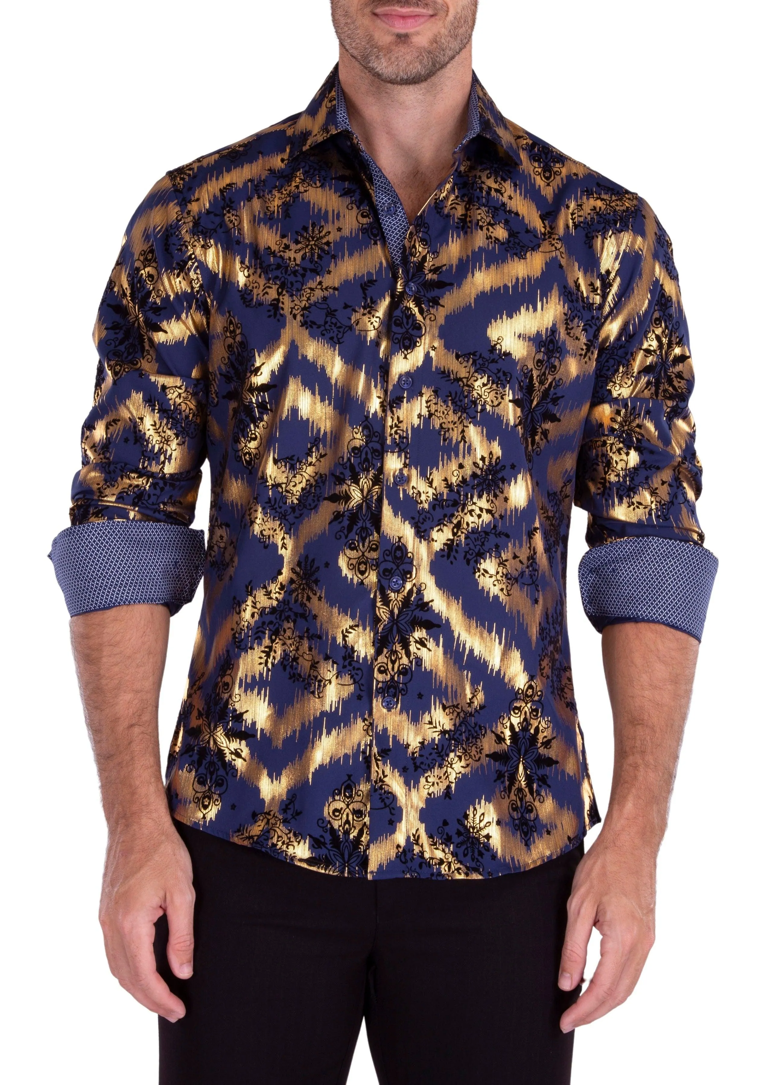 Gold Leaf Foil Velvet Accent Long Sleeve Dress Shirt Navy