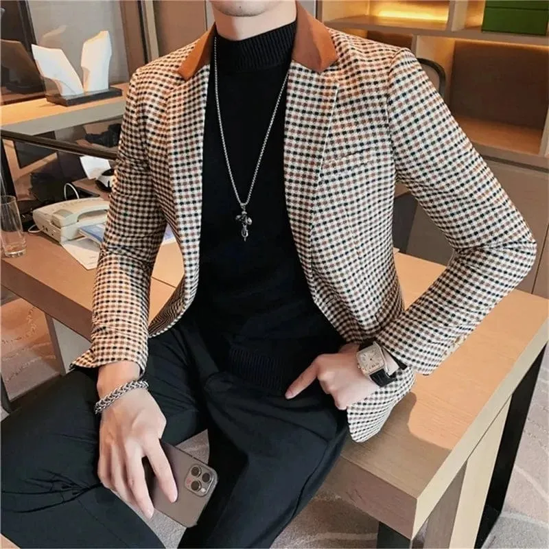 High-Quality Plaid Business Suit Jackets for Men: Slim Fit Luxury Blazers for Office