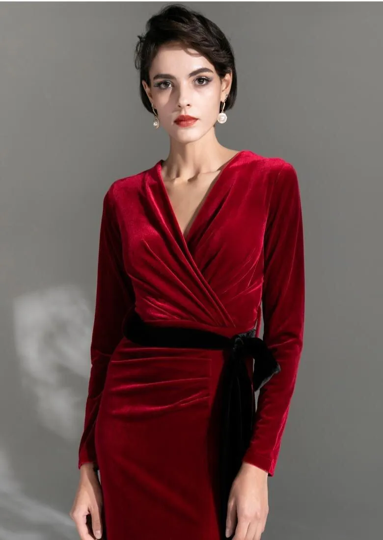 High retro retro vintage long-sleeved train velvet evening dress - Nema