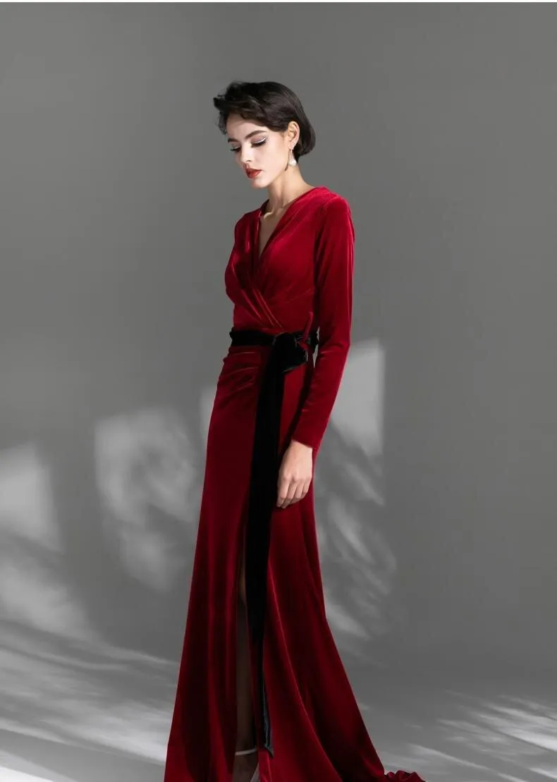 High retro retro vintage long-sleeved train velvet evening dress - Nema