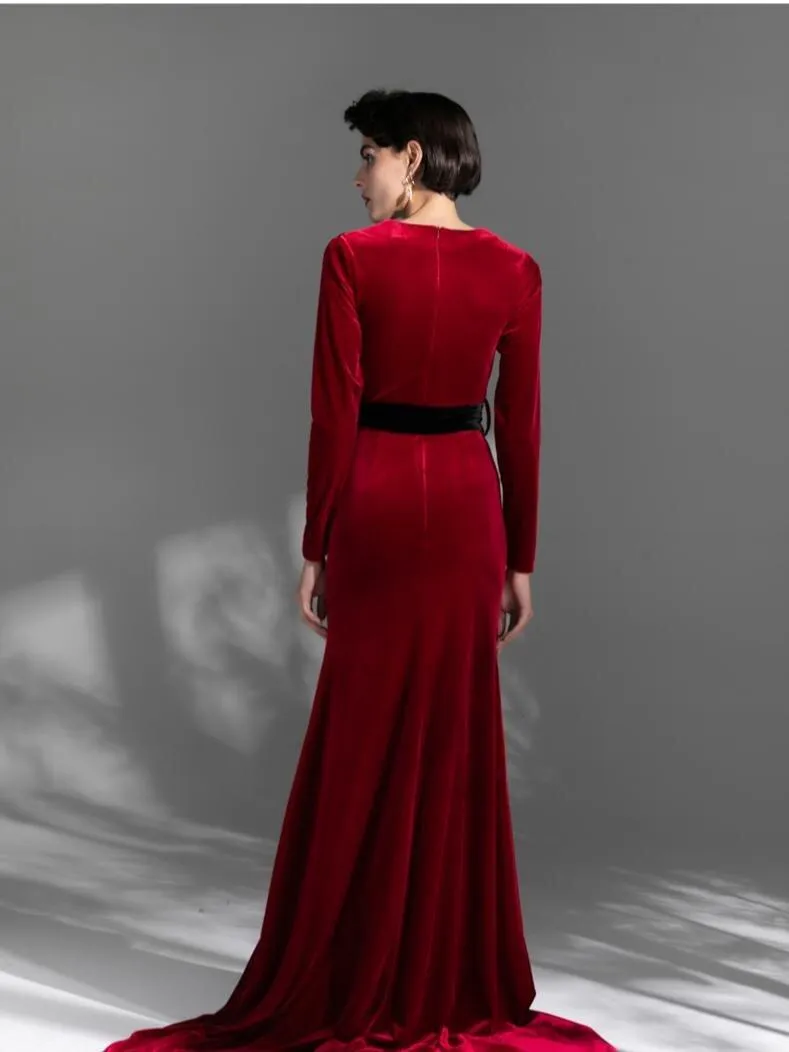 High retro retro vintage long-sleeved train velvet evening dress - Nema