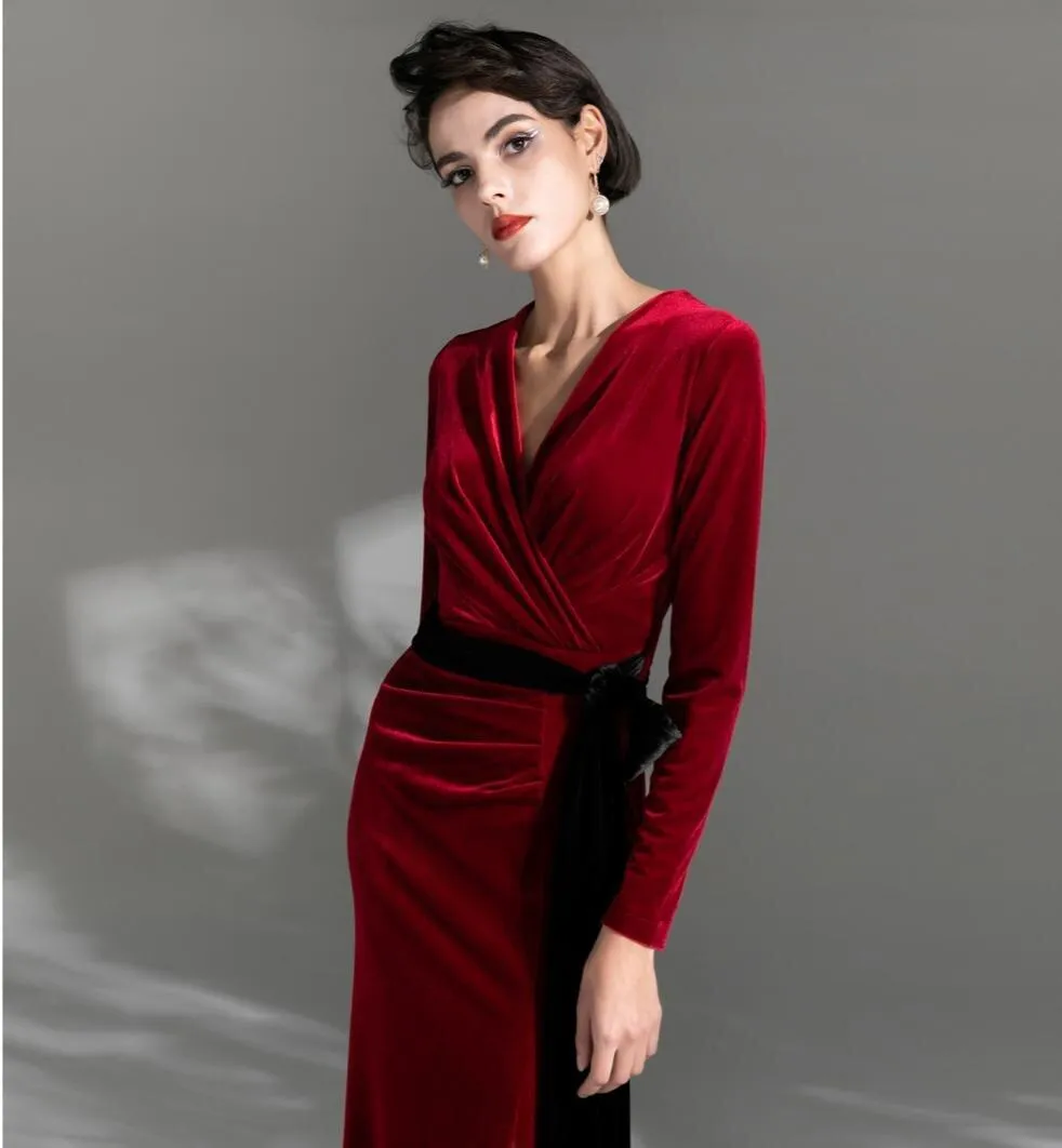 High retro retro vintage long-sleeved train velvet evening dress - Nema