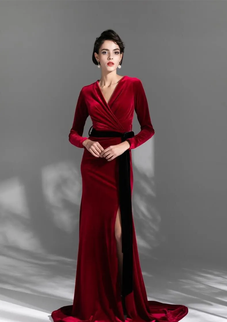 High retro retro vintage long-sleeved train velvet evening dress - Nema