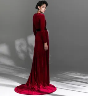 High retro retro vintage long-sleeved train velvet evening dress - Nema