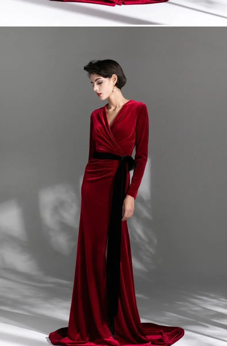 High retro retro vintage long-sleeved train velvet evening dress - Nema