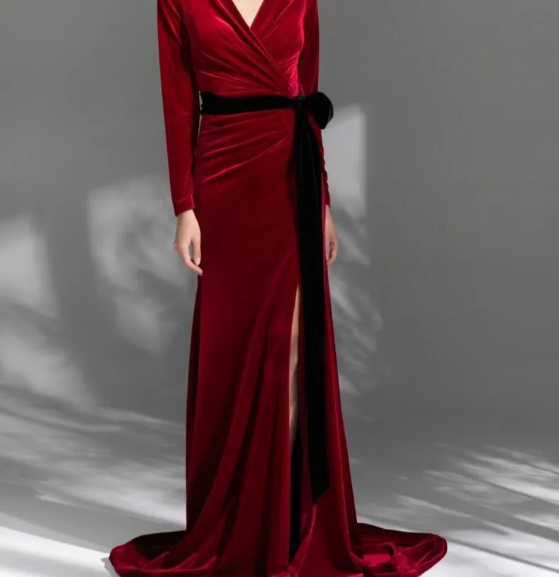 High retro retro vintage long-sleeved train velvet evening dress - Nema