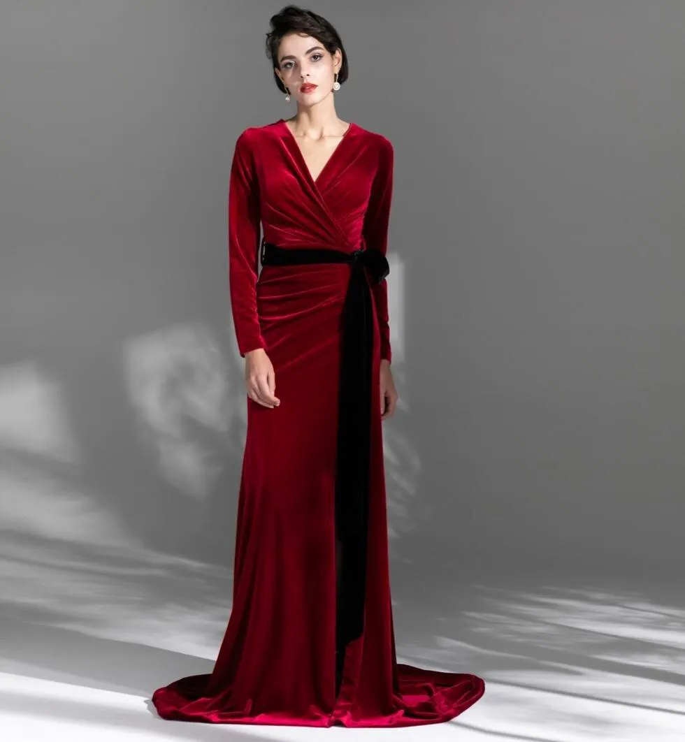 High retro retro vintage long-sleeved train velvet evening dress - Nema