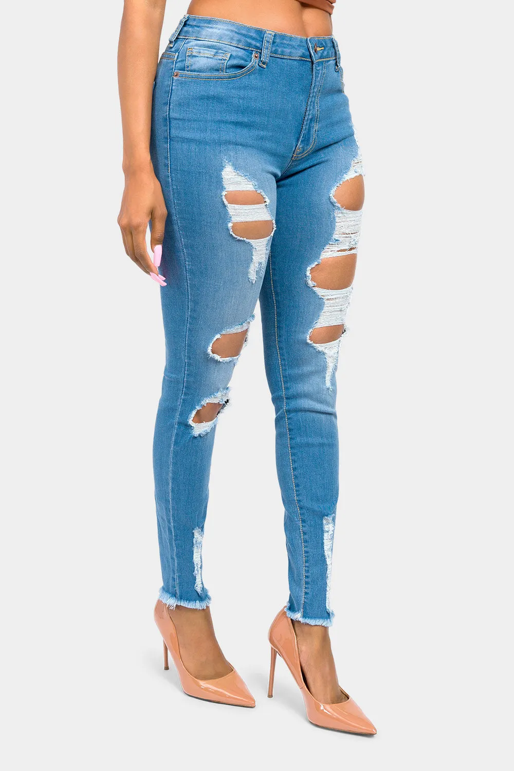 High Rise Destroyed Skinny Jeans