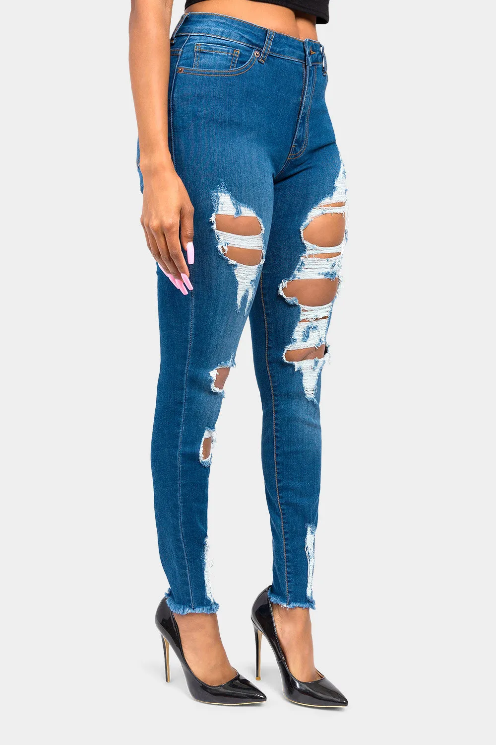 High Rise Destroyed Skinny Jeans