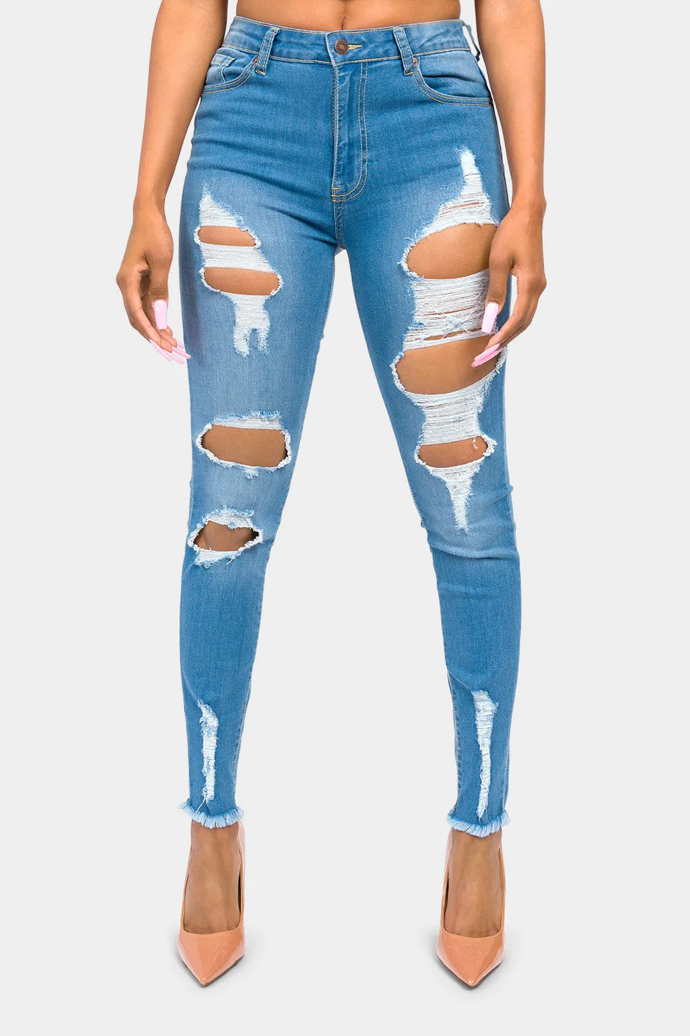 High Rise Destroyed Skinny Jeans