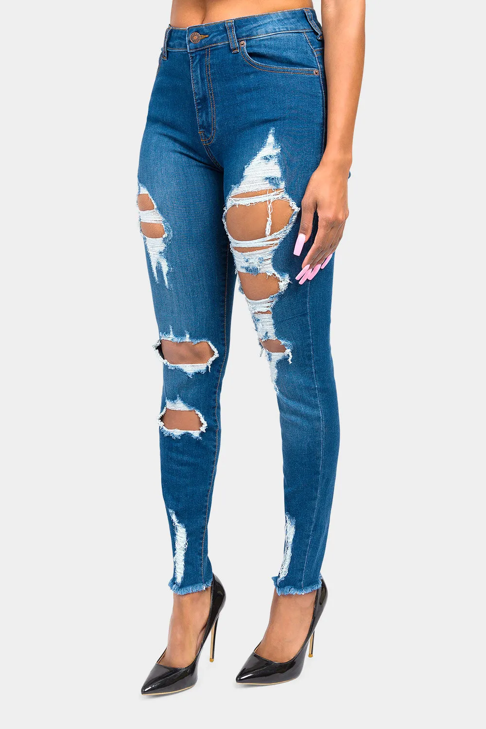 High Rise Destroyed Skinny Jeans