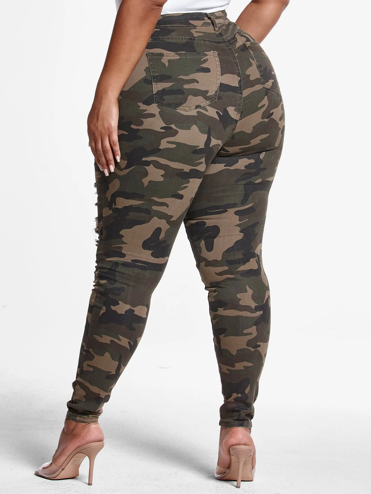 High-Rise Super Skinny Destructed Jeans in Green Camo - Short Inseam