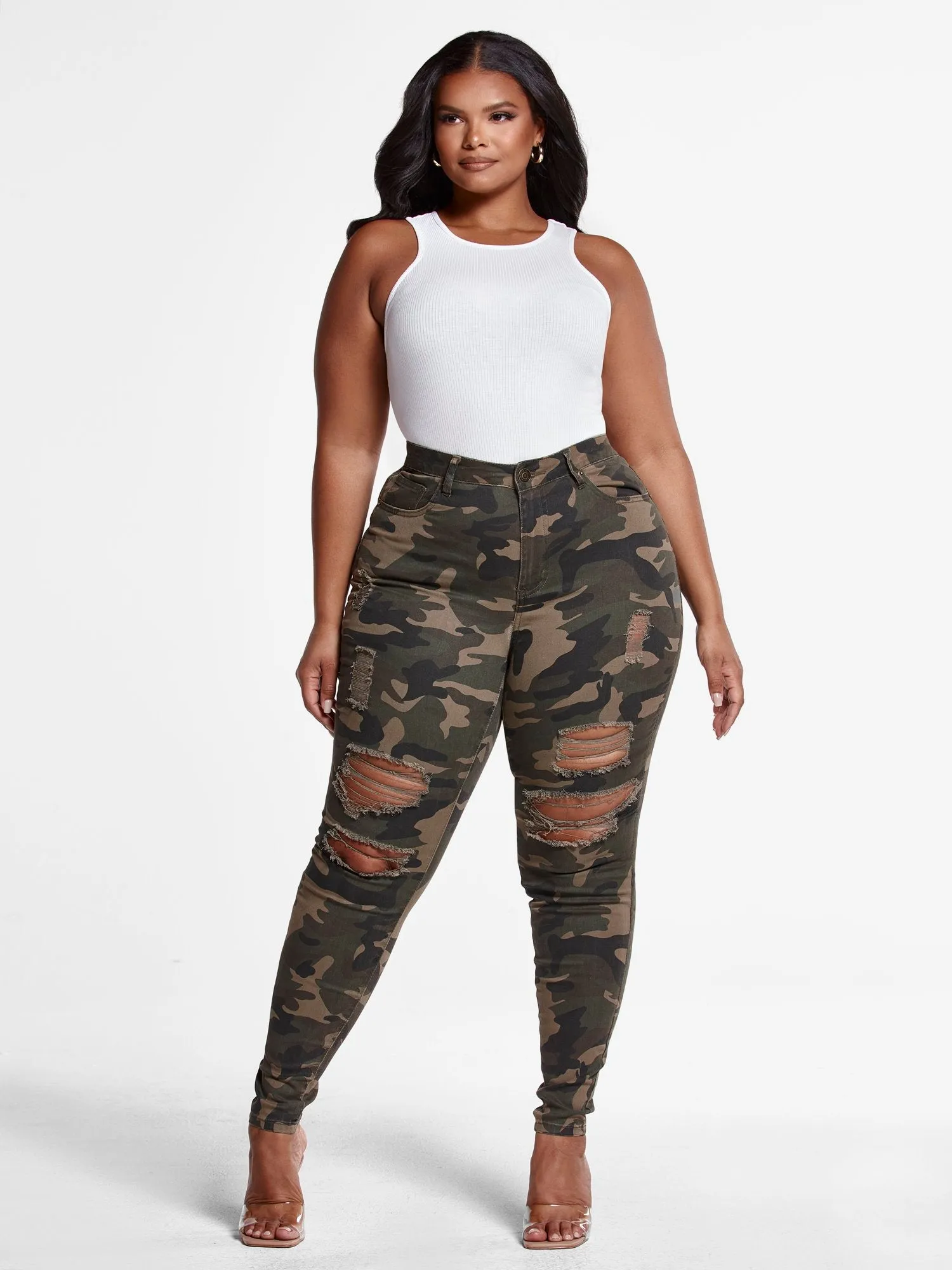 High-Rise Super Skinny Destructed Jeans in Green Camo - Short Inseam