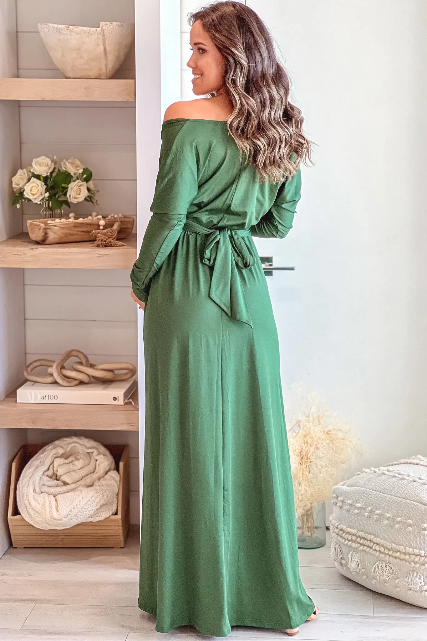 Hunter Green Maternity Maxi Dress With Dolman Sleeves And Pockets