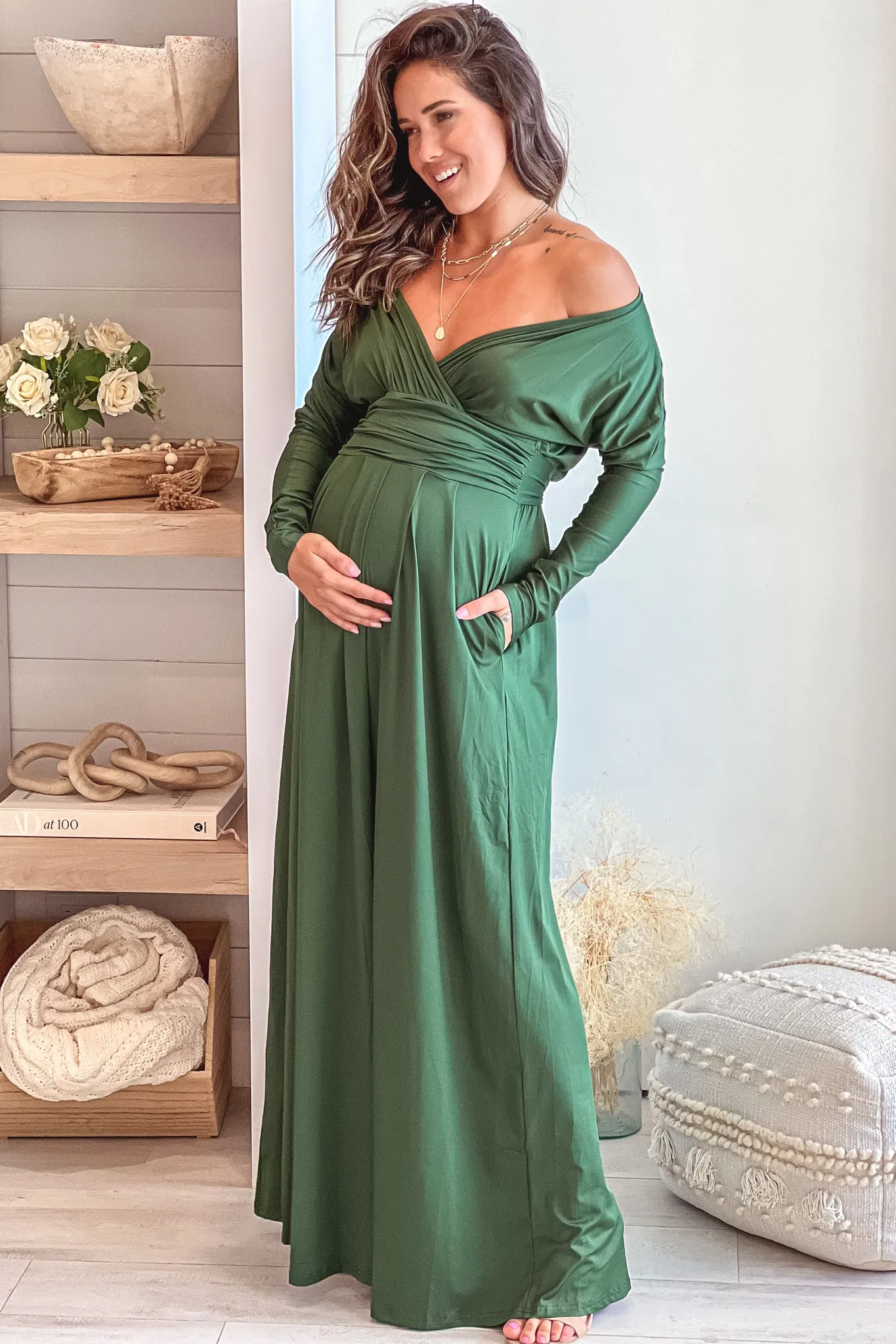 Hunter Green Maternity Maxi Dress With Dolman Sleeves And Pockets