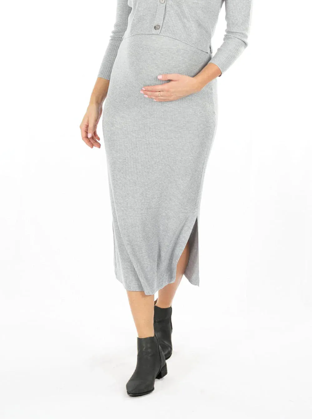 Jade Wool Blend Maternity Midi Skirt with side split in Grey