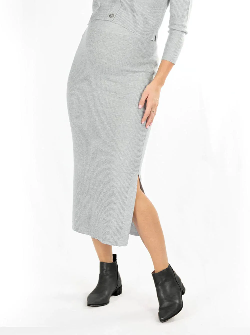 Jade Wool Blend Maternity Midi Skirt with side split in Grey