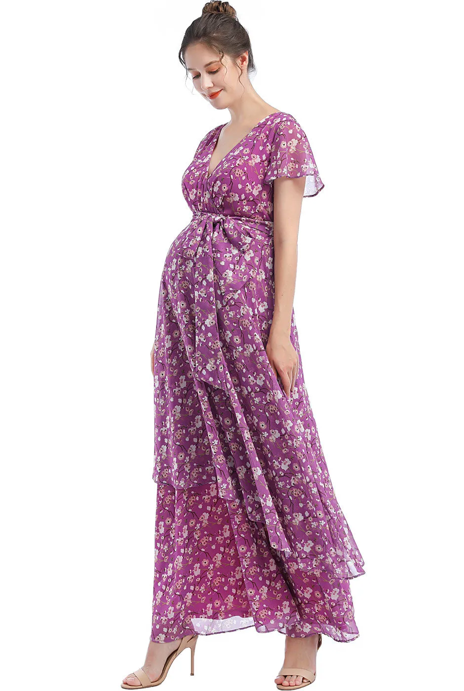 Kimi   Kai Maternity "Jolene" Faux Wrap Chiffon Maxi Dress