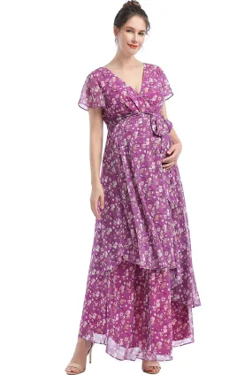 Kimi   Kai Maternity "Jolene" Faux Wrap Chiffon Maxi Dress