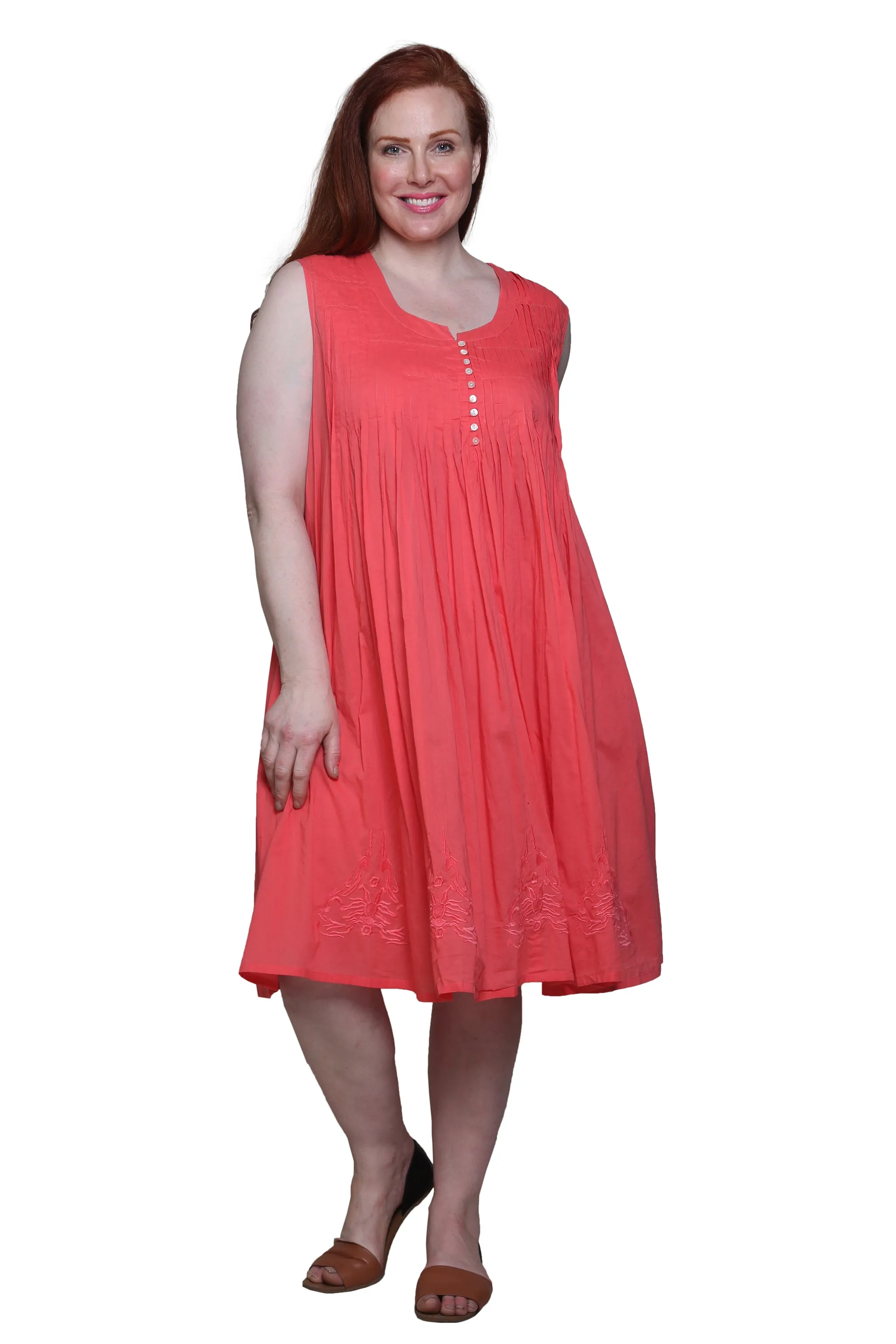 La Cera 100% Cotton Sleeveless Dress with Hem Embroidery - Plus Size