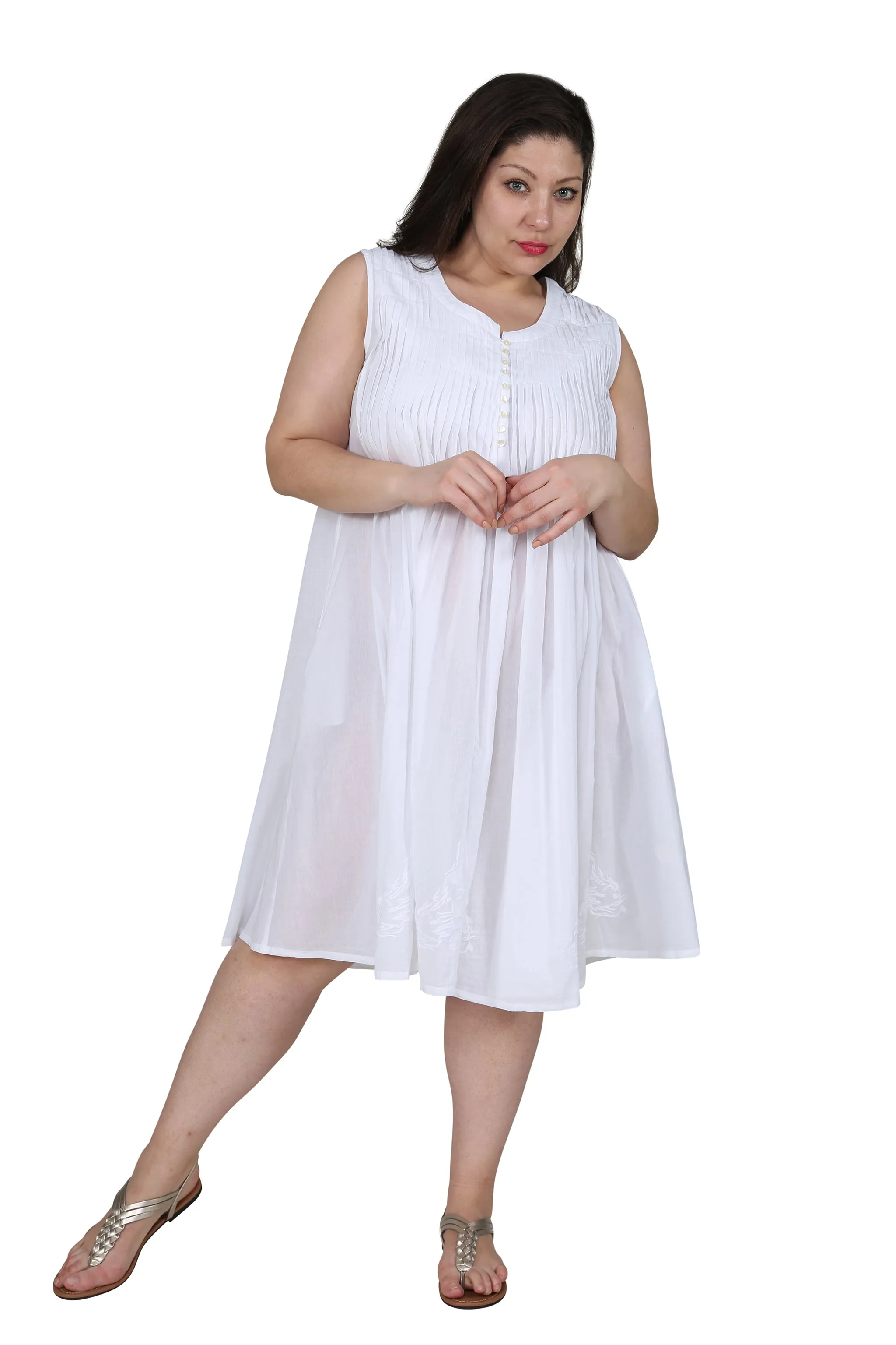 La Cera 100% Cotton Sleeveless Dress with Hem Embroidery - Plus Size