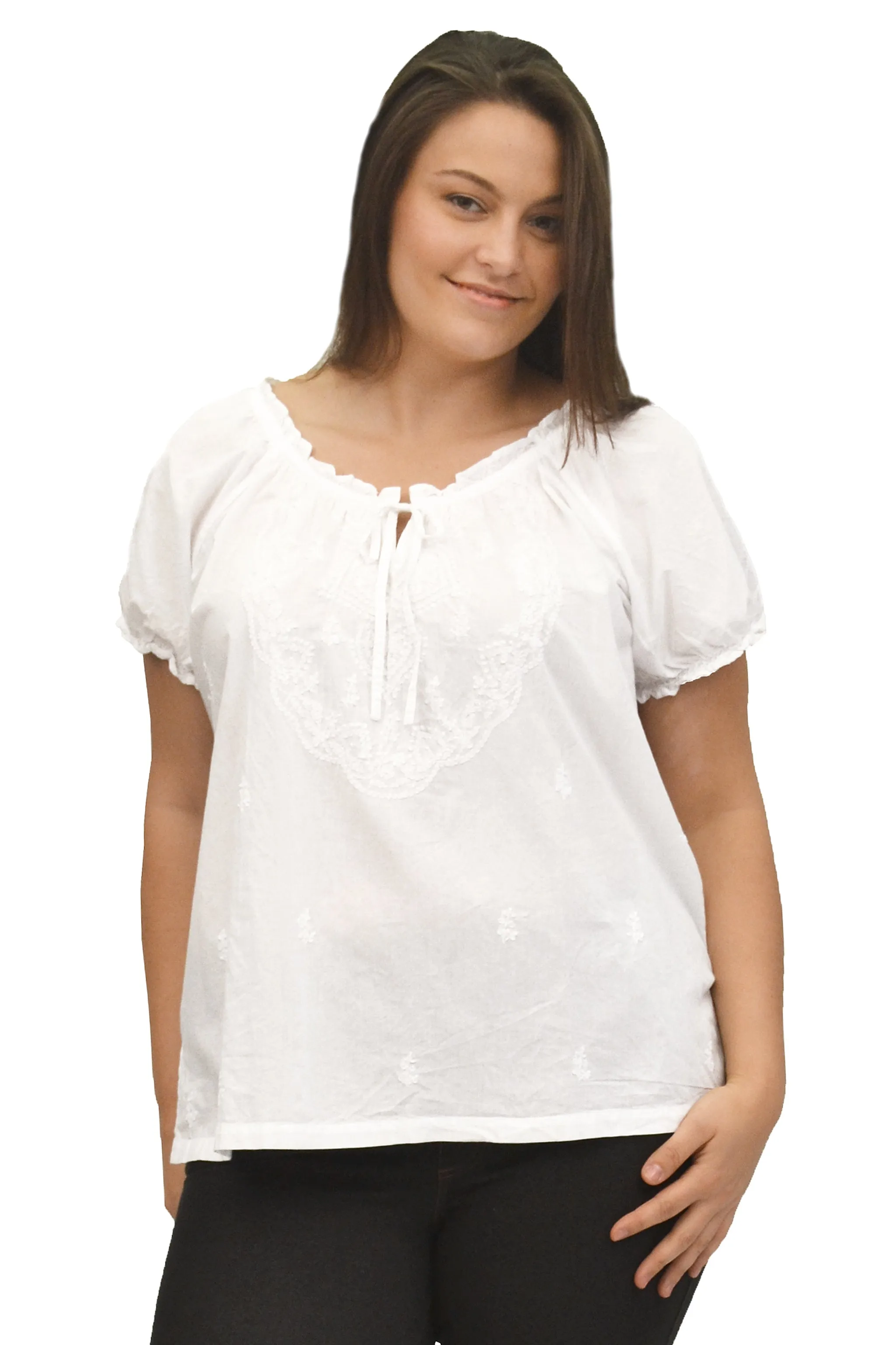 La Cera Plus Size White Embroidered Short Sleeve Peasant Top