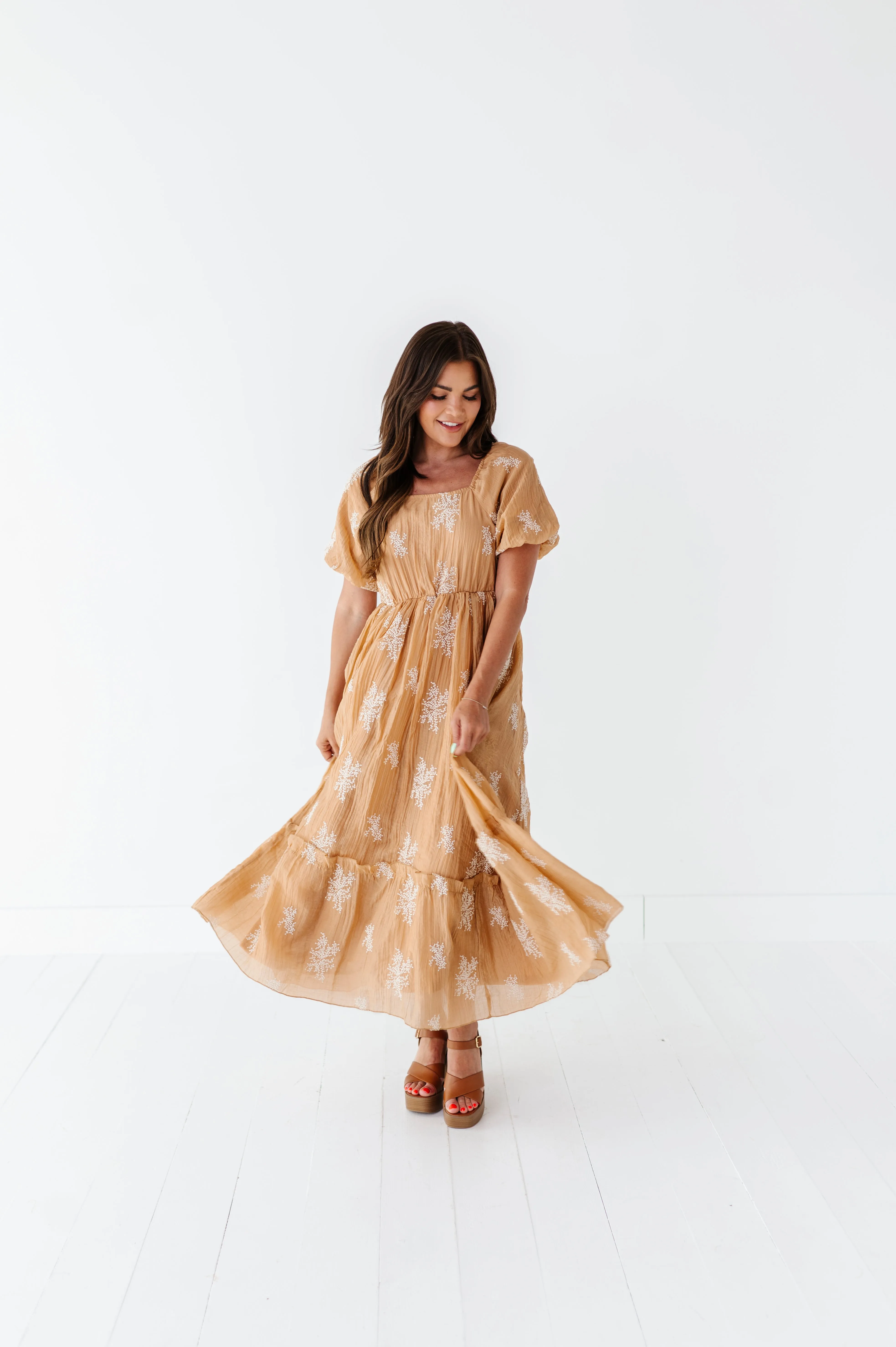 Lola Embroidered Dress in Camel