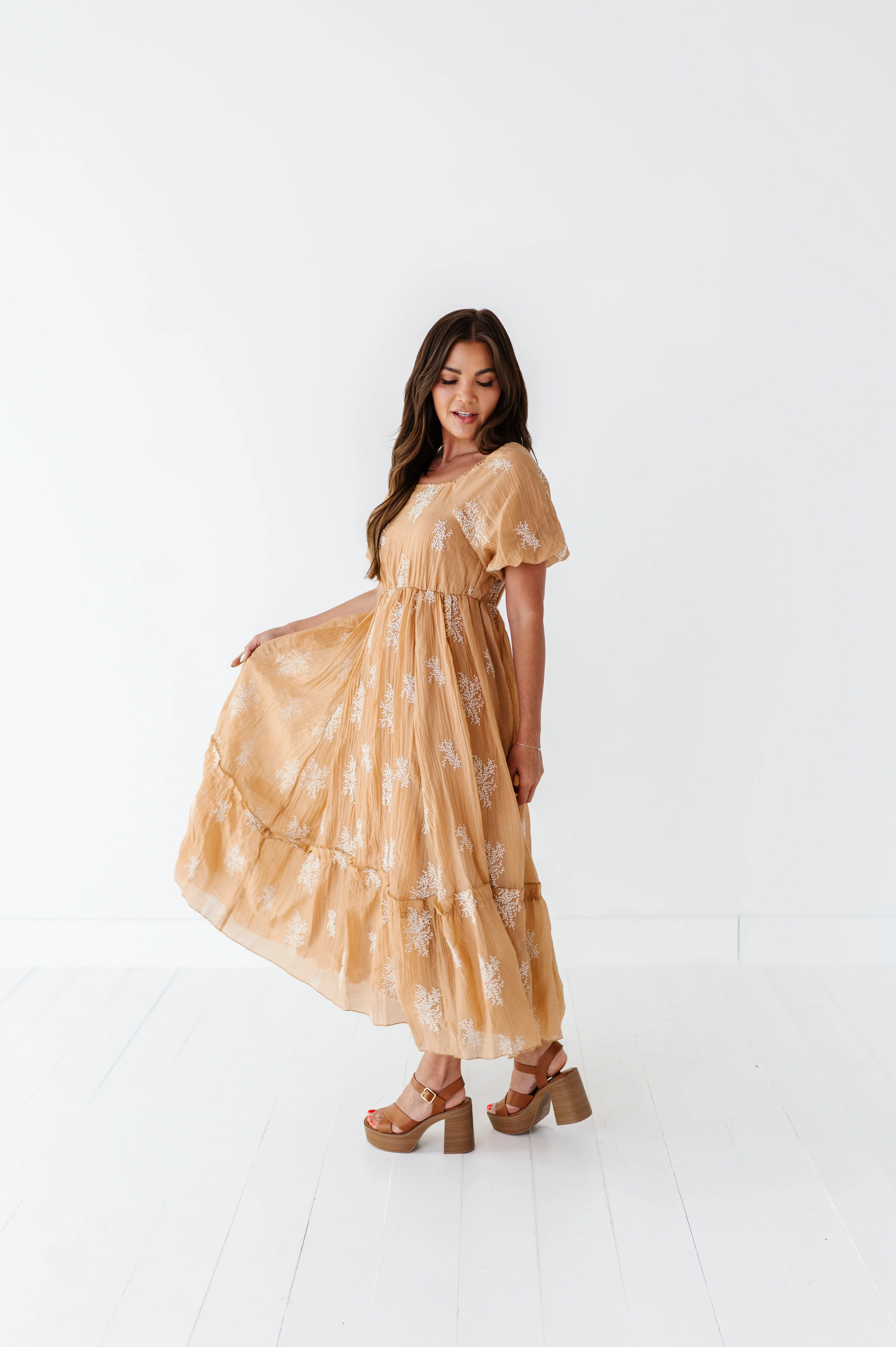 Lola Embroidered Dress in Camel