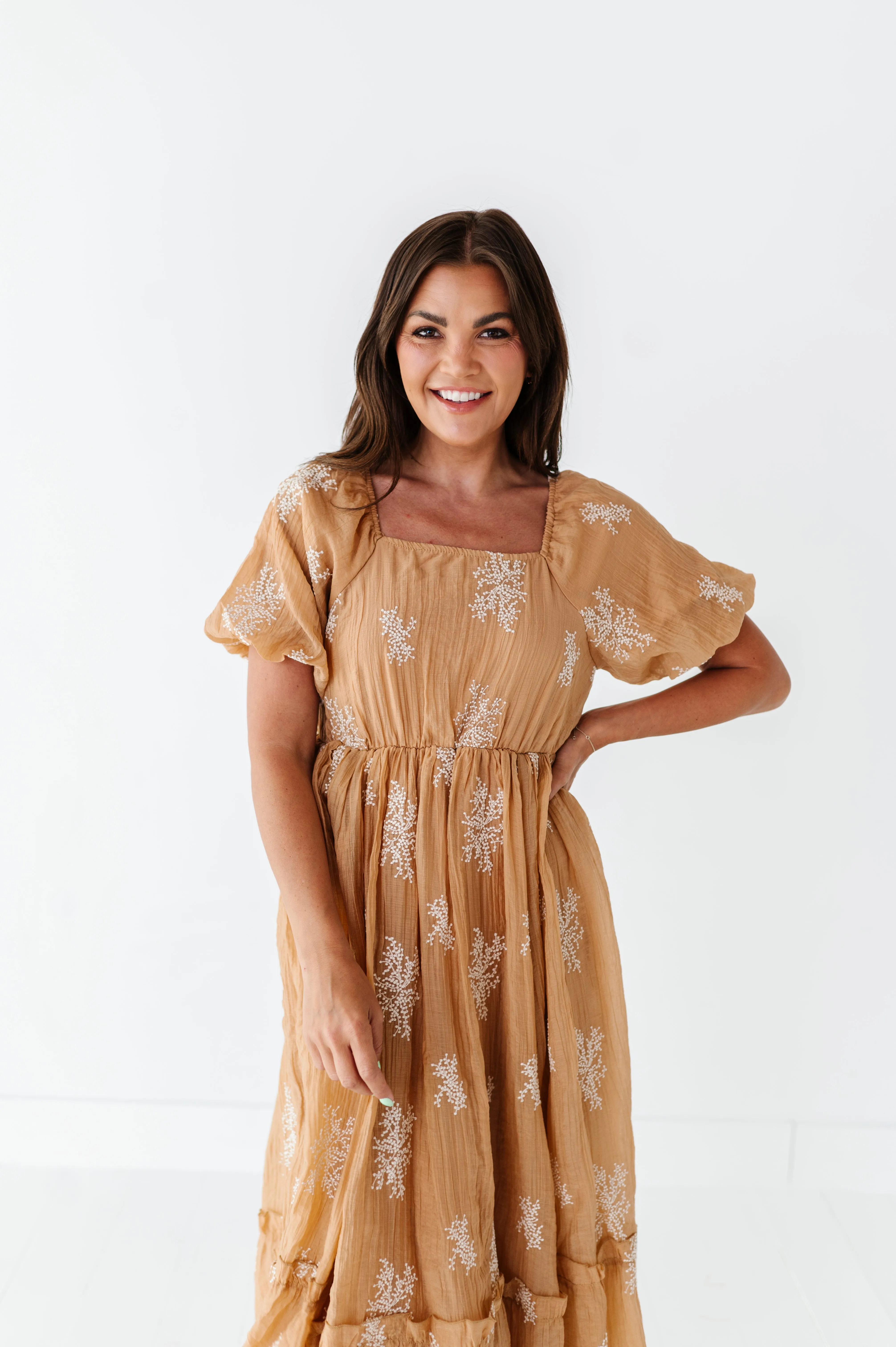 Lola Embroidered Dress in Camel