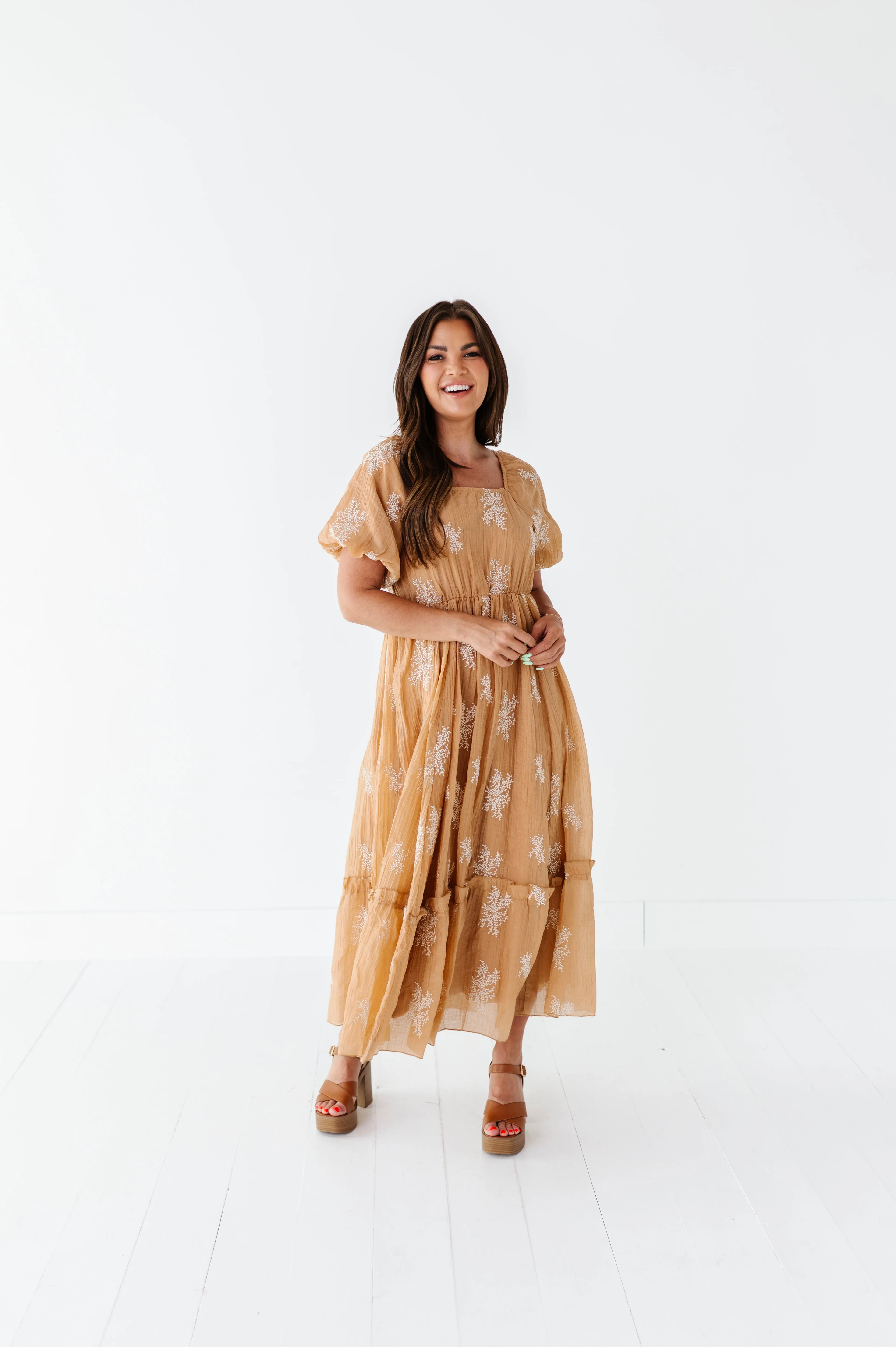 Lola Embroidered Dress in Camel