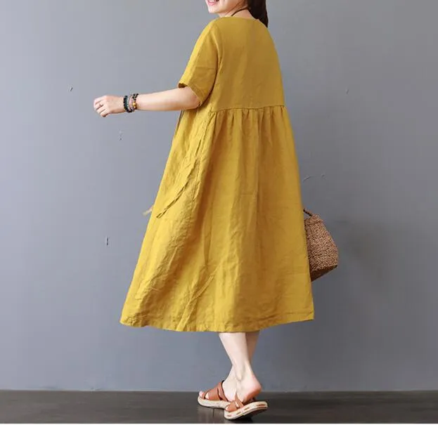 Loose Style Cotton Linen Dresses Women Long  Dresses Short Sleeve