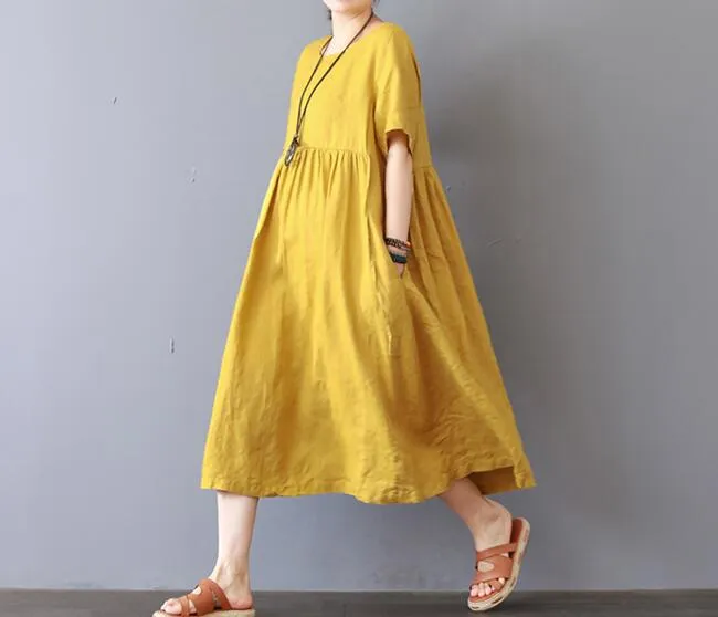 Loose Style Cotton Linen Dresses Women Long  Dresses Short Sleeve