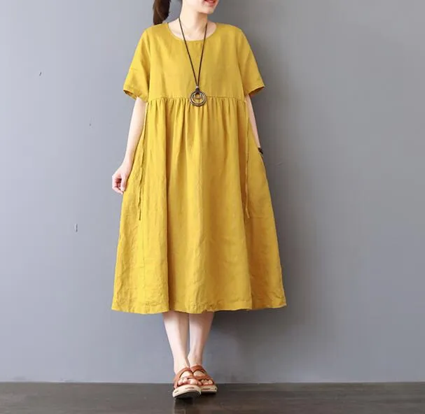 Loose Style Cotton Linen Dresses Women Long  Dresses Short Sleeve