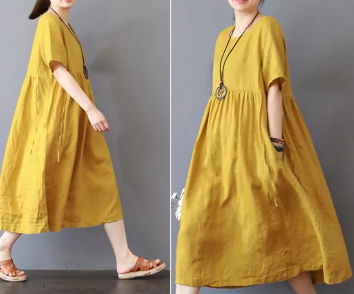 Loose Style Cotton Linen Dresses Women Long  Dresses Short Sleeve