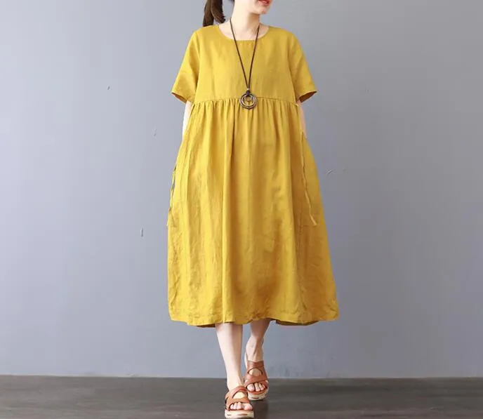 Loose Style Cotton Linen Dresses Women Long  Dresses Short Sleeve