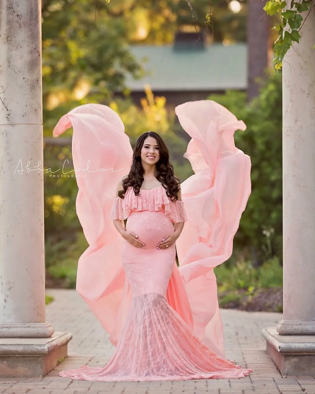 Maternity Ruffles Lace Photo Shoot Shoulderless Fancy Pregnancy Dress