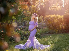 Maternity Ruffles Lace Photo Shoot Shoulderless Fancy Pregnancy Dress