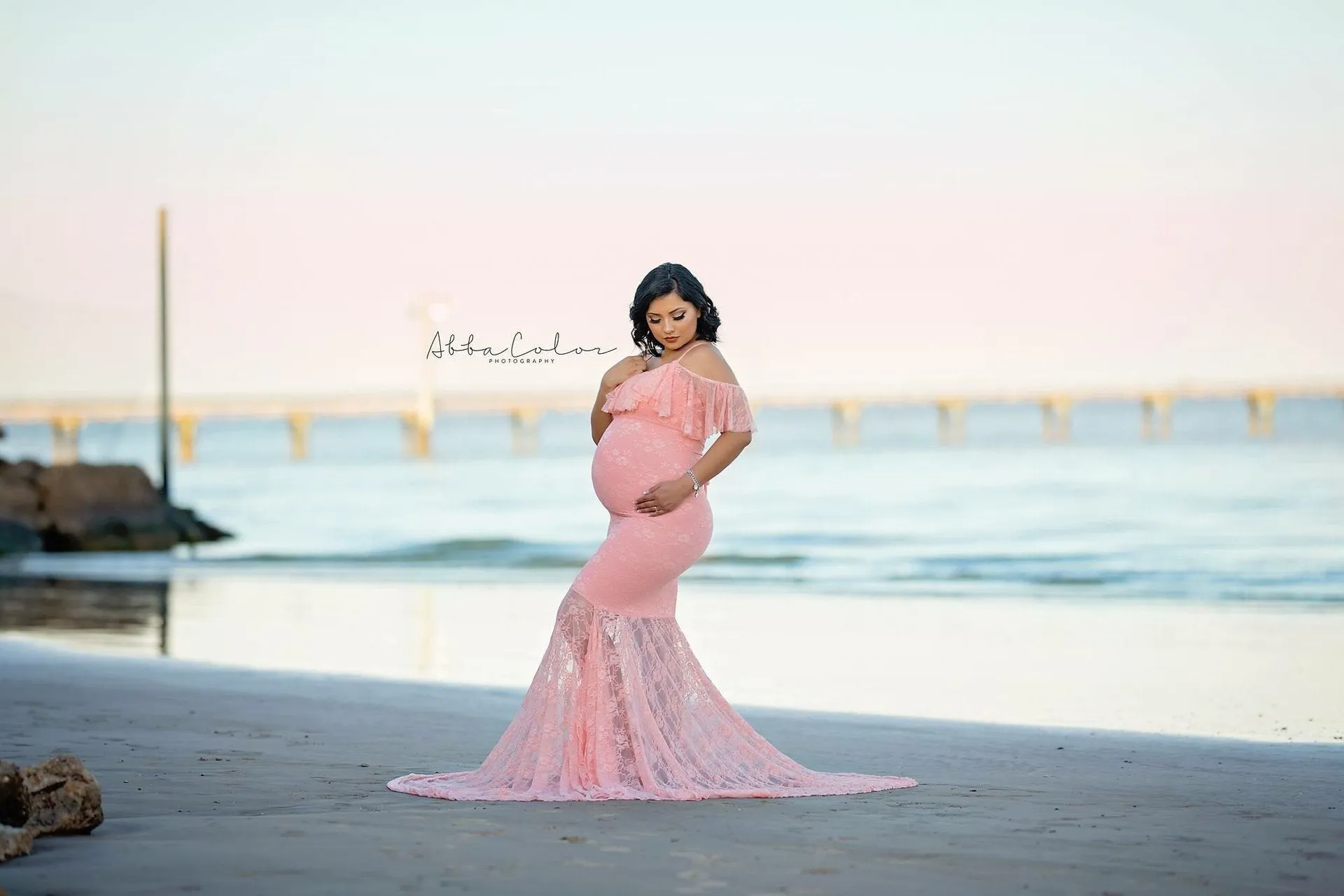 Maternity Ruffles Lace Photo Shoot Shoulderless Fancy Pregnancy Dress