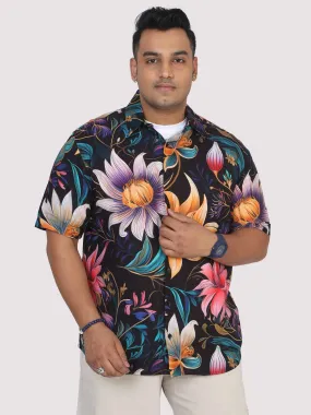 Men Plus Size Blue Floral Digital Printed Half Shirt