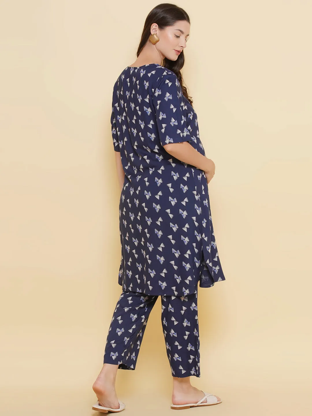 Navy Blue Printed Pattern Maternity & Nursing Kurta Set