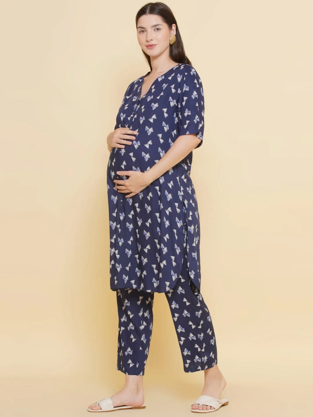 Navy Blue Printed Pattern Maternity & Nursing Kurta Set