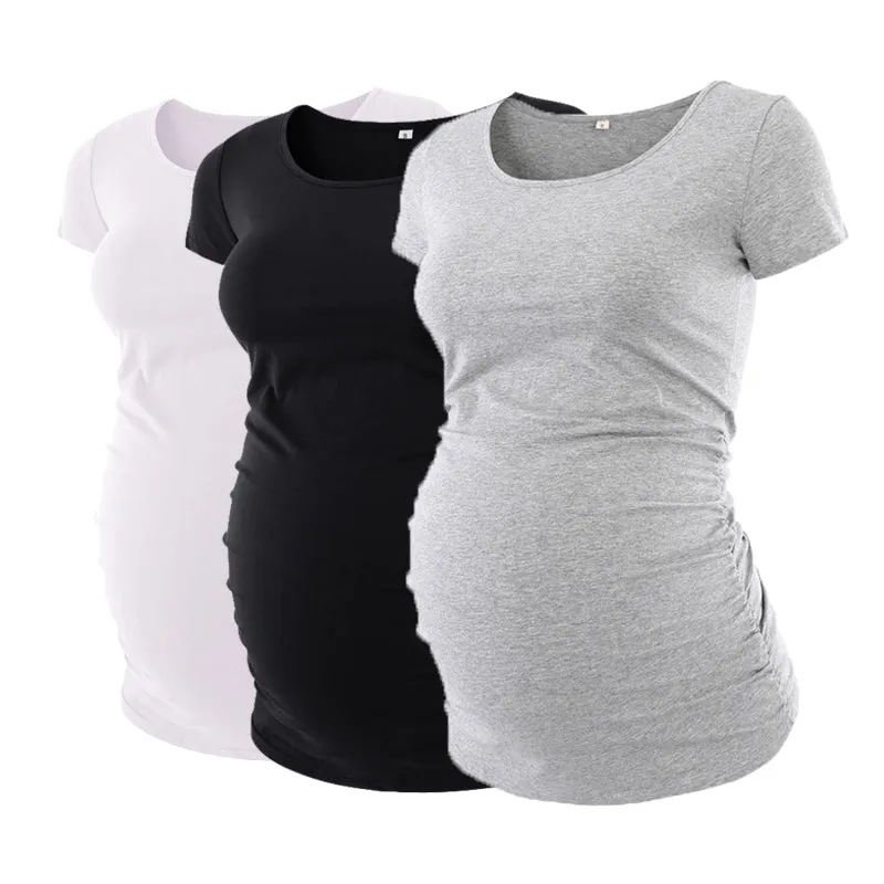 Pack Of 3Pcs Maternity Clothes Ropa Embarazada Tee Shirt Tops Pregnancy T-Shirt Casual Flattering Side Ruching