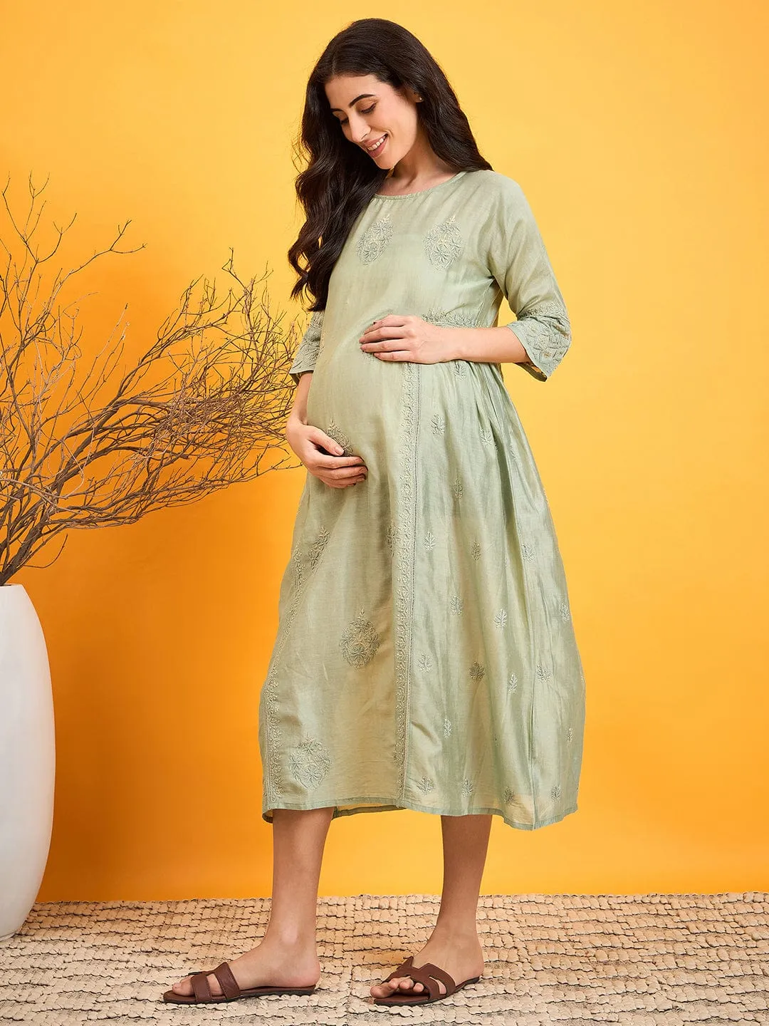 Pastel Green Chikankari Maternity Dress