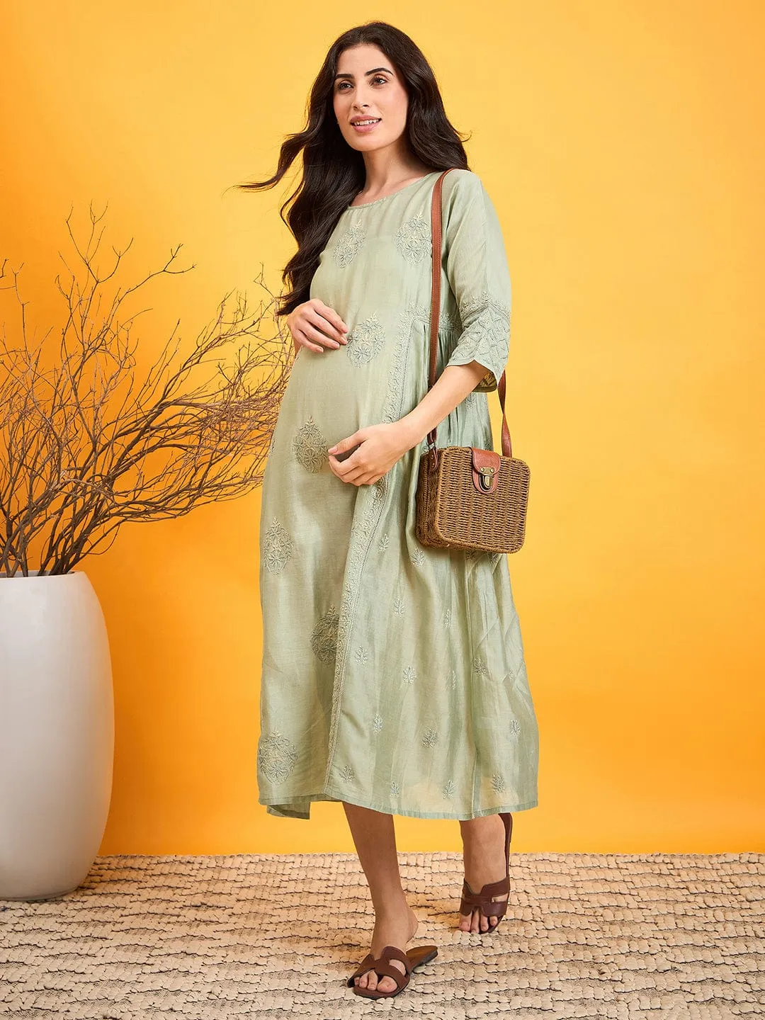 Pastel Green Chikankari Maternity Dress