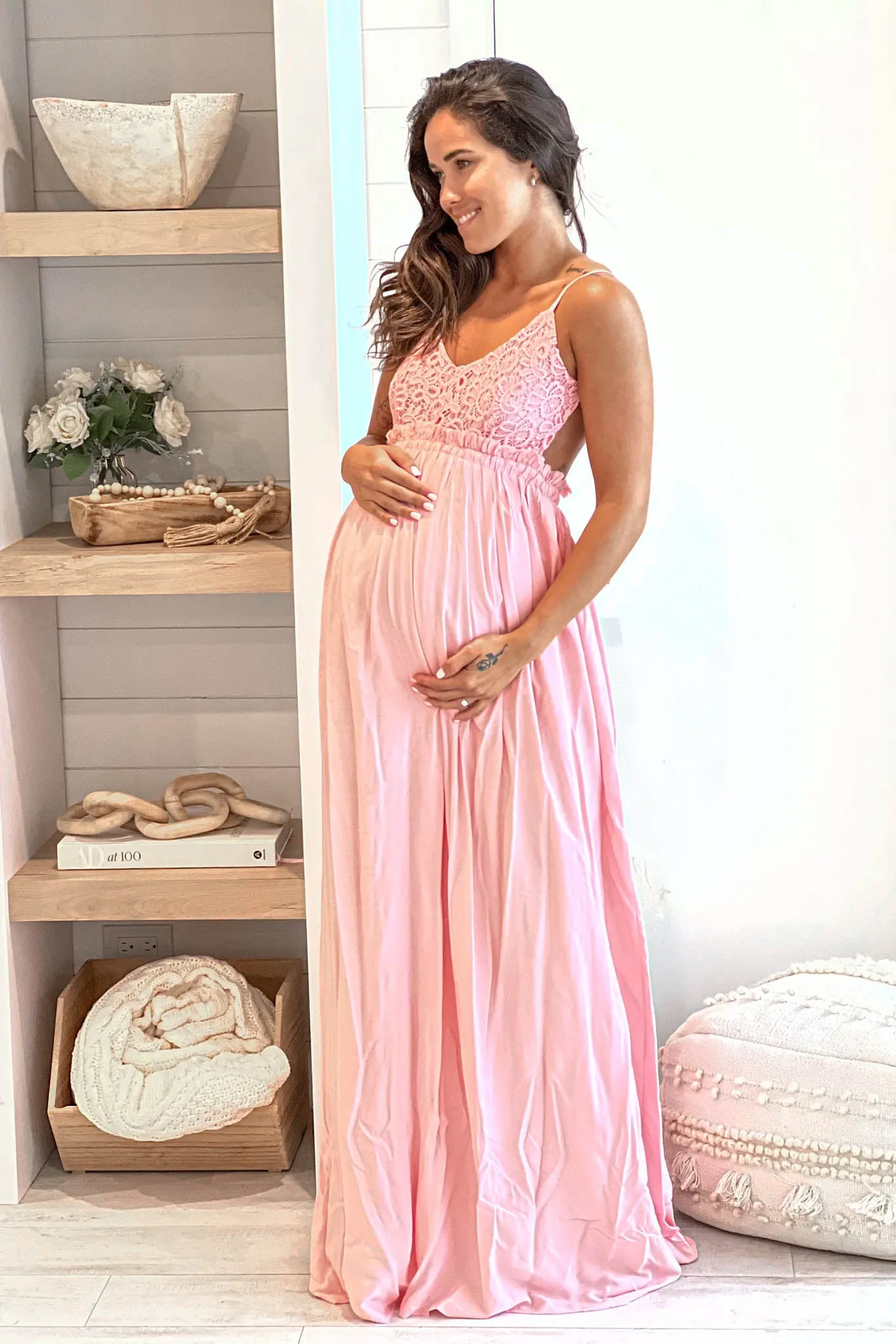 Pink Crochet Top Maternity Maxi Dress With Open Back