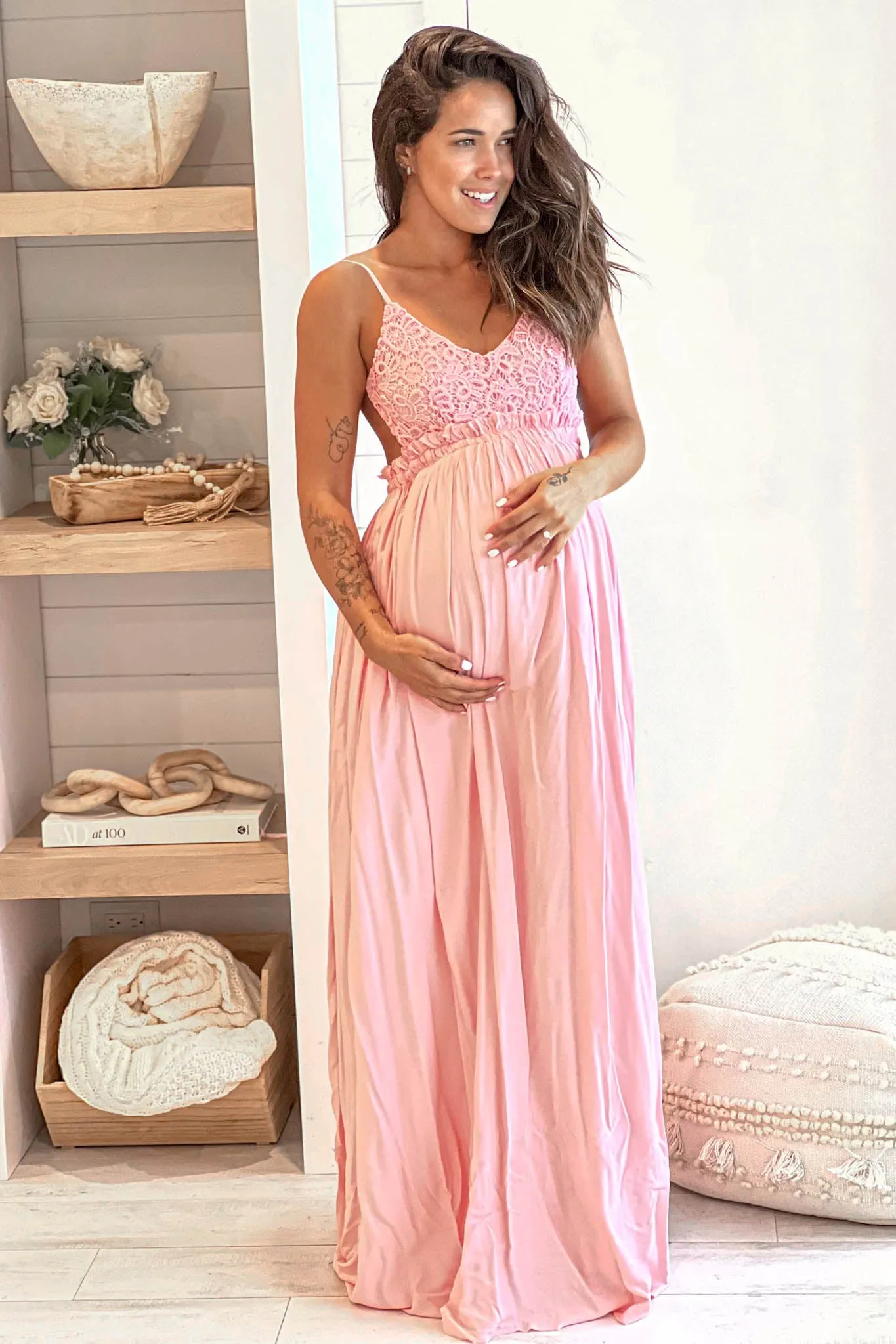 Pink Crochet Top Maternity Maxi Dress With Open Back