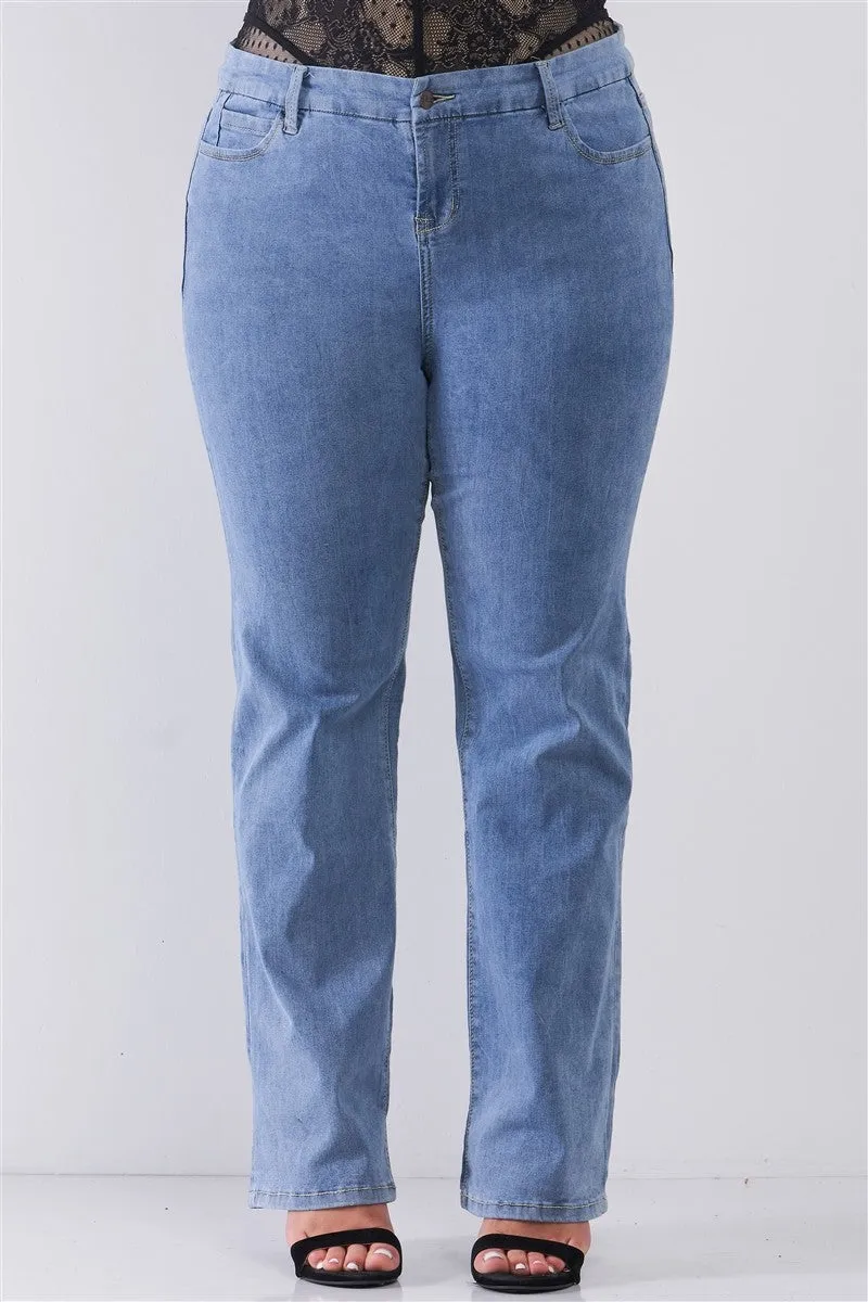 Plus Mid-wash Blue Denim Low-rise Wide-leg Upsized Basic Dad Jeans