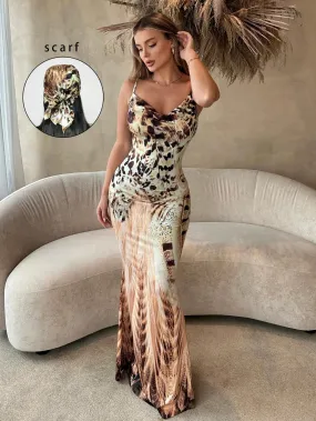 Plus Size Deep Draped Neck, Leopard Print Mermaid Long Dress