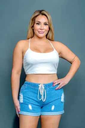 Plus Size Distressed Denim Jean Mini Shorts with Drawstring Waist and Rolled Cuff* (KP950)