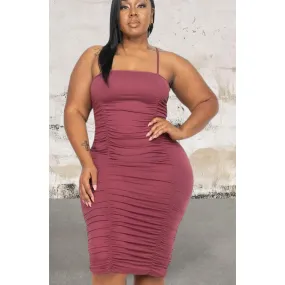 Plus size double ruched Stretch knit spaghetti strap dress